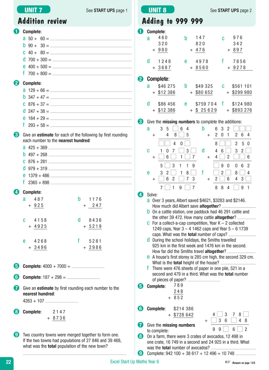 Sample interior page from the Excel Advanced Skills Start Up Maths Year 6 workbook showing maths units and practice exercises