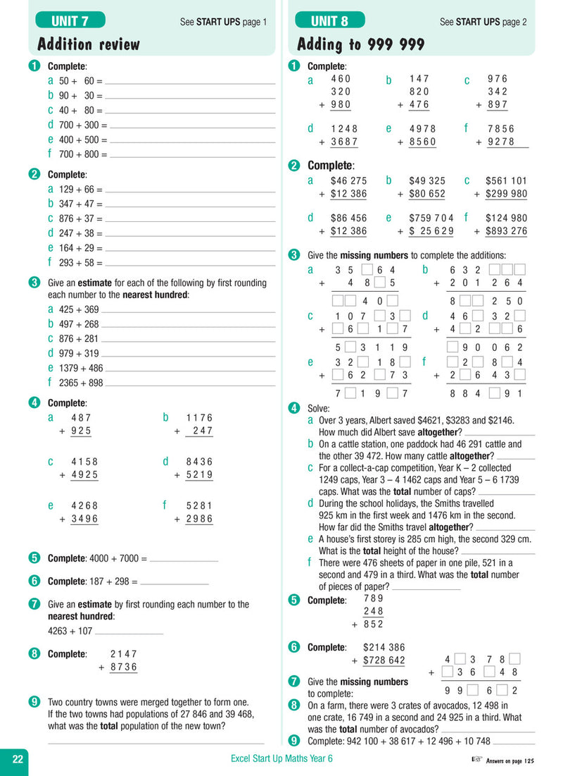 Sample interior page from the Excel Advanced Skills Start Up Maths Year 6 workbook showing maths units and practice exercises