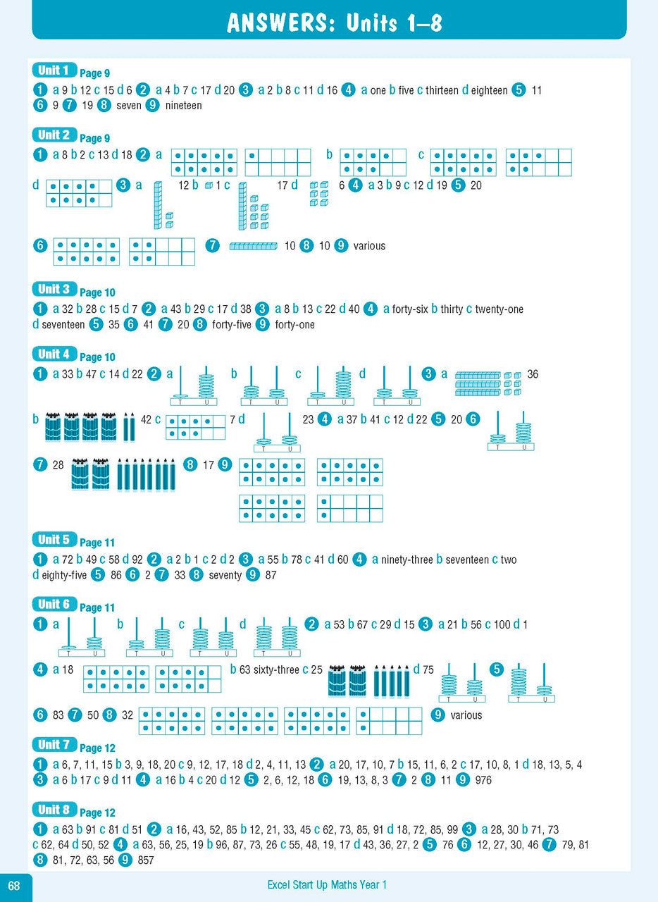 Sample interior page from the Excel Advanced Skills Start Up Maths Year 1 workbook showing the layout of the activities