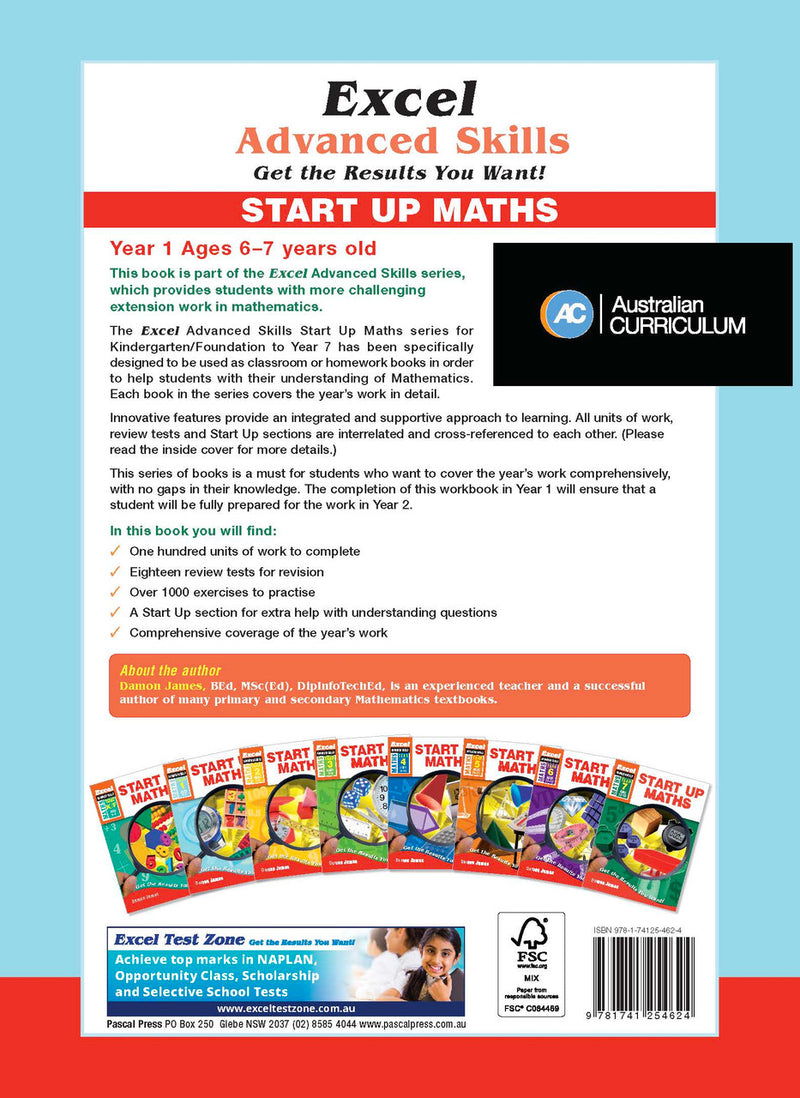 Back cover of the Excel Advanced Skills Start Up Maths Year 1 workbook as shown in the Pascal Press product gallery