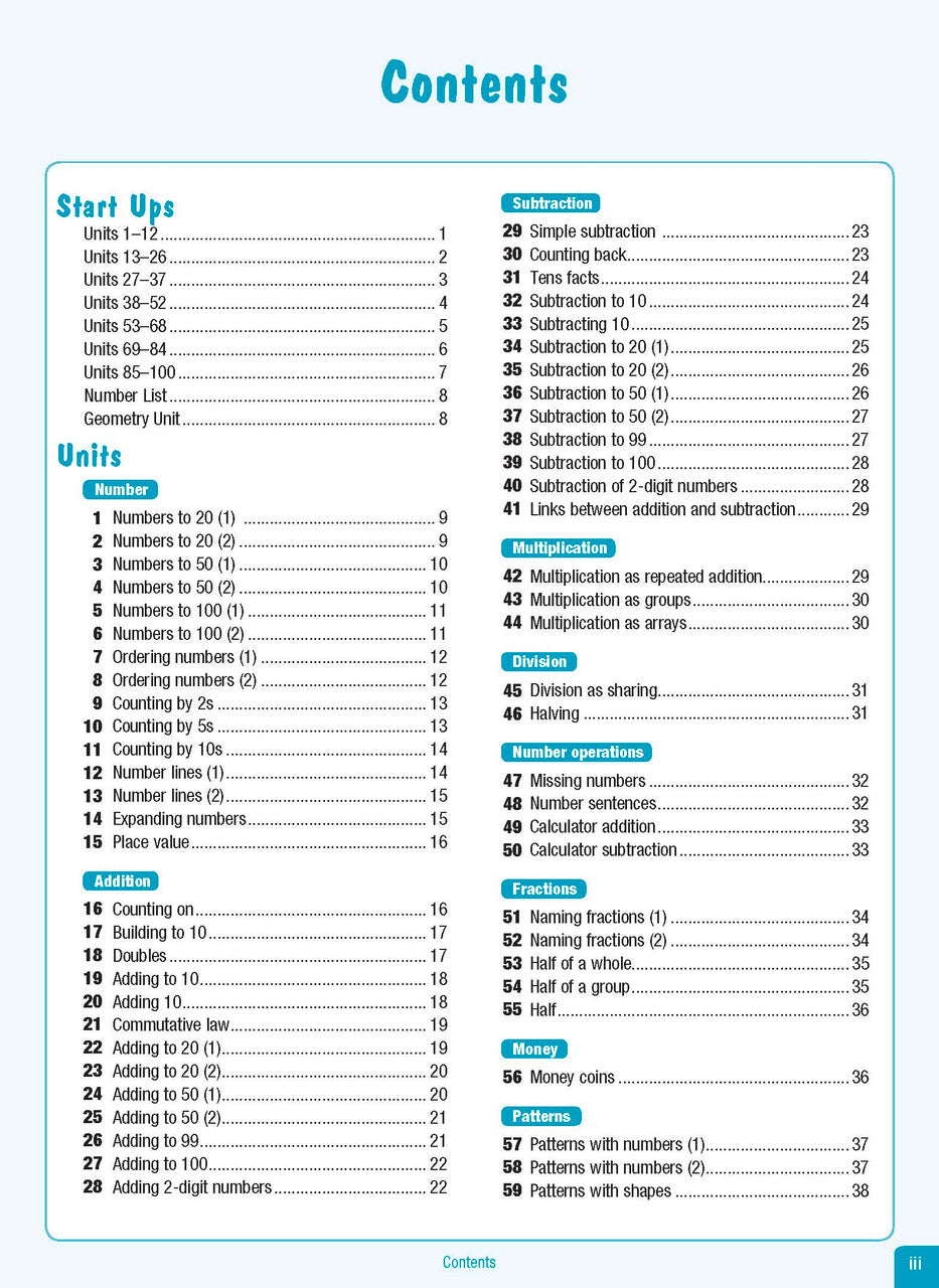 Contents page from the Excel Advanced Skills Start Up Maths Year 1 workbook listing the units and sections inside