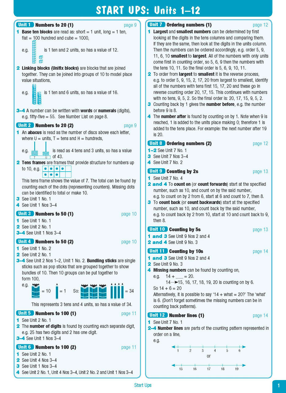 Sample interior page from the Excel Advanced Skills Start Up Maths Year 1 workbook showing the layout of the activities