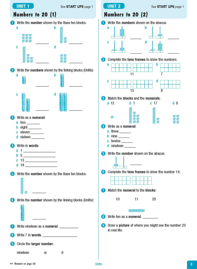 Sample interior page from the Excel Advanced Skills Start Up Maths Year 1 workbook showing the layout of the activities