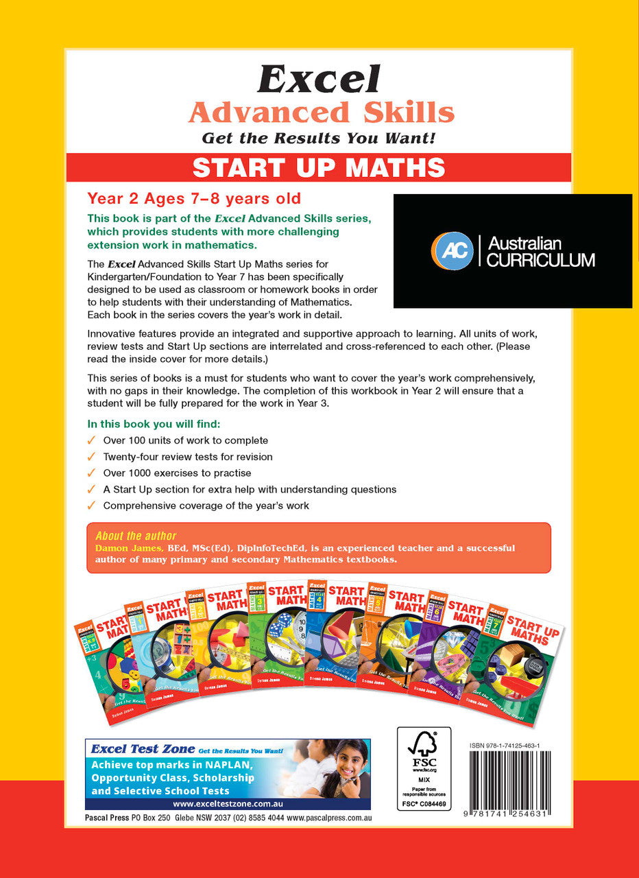 Back cover of the Excel Advanced Skills Start Up Maths Year 2 workbook as shown in the Pascal Press product gallery