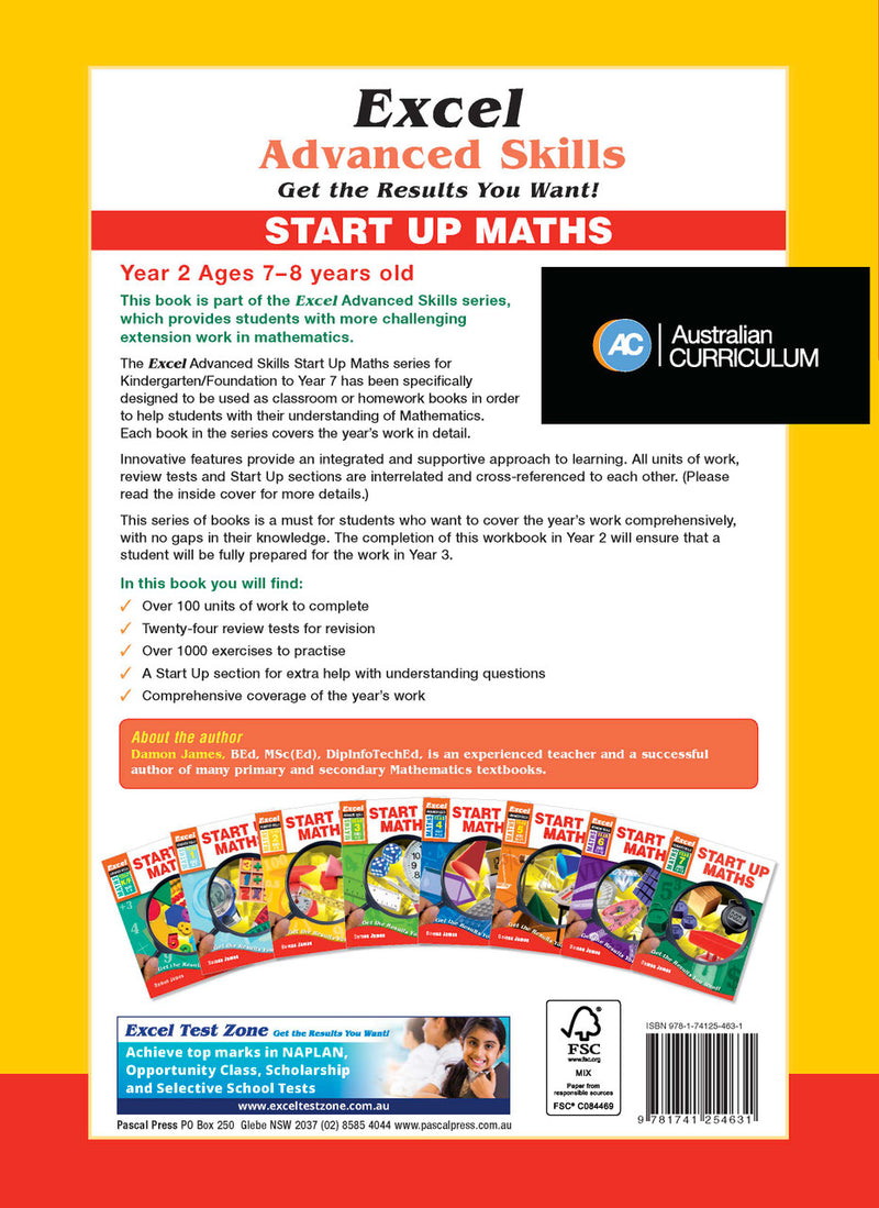 Back cover of the Excel Advanced Skills Start Up Maths Year 2 workbook as shown in the Pascal Press product gallery