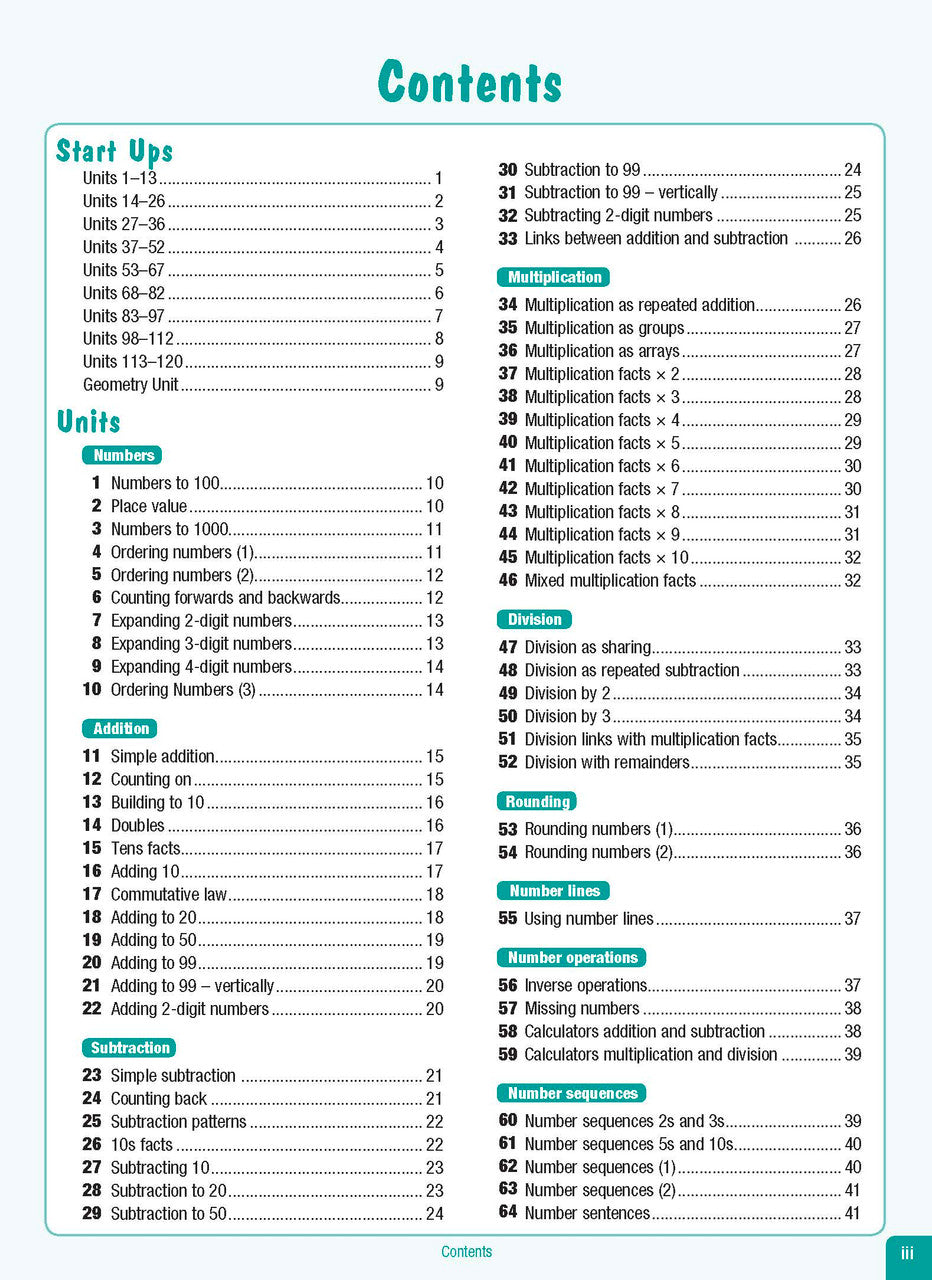 Contents page from the Excel Advanced Skills Start Up Maths Year 2 workbook listing the units and sections inside