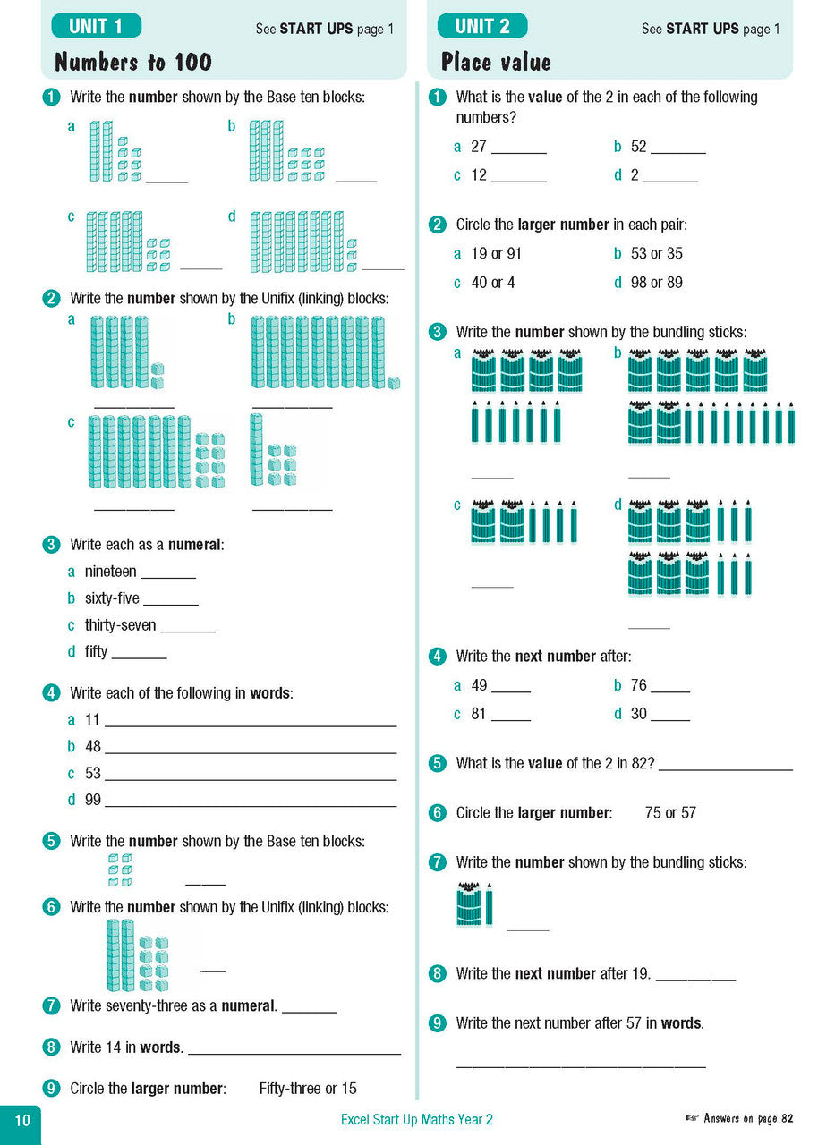 Sample interior page from the Excel Advanced Skills Start Up Maths Year 2 workbook showing the layout of the activities