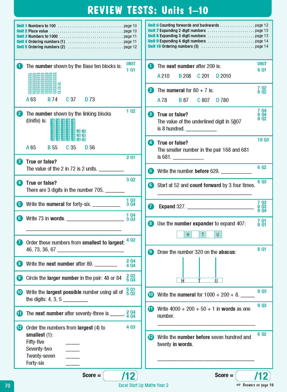 Sample interior page from the Excel Advanced Skills Start Up Maths Year 2 workbook showing the layout of the activities