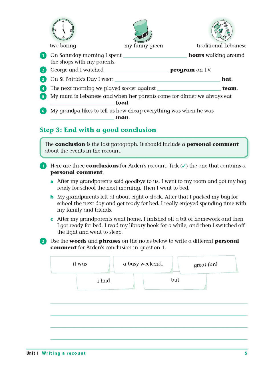 Sample interior page from the Excel Advanced Skills Writing Workbook Year 4 workbook showing the layout of the activities