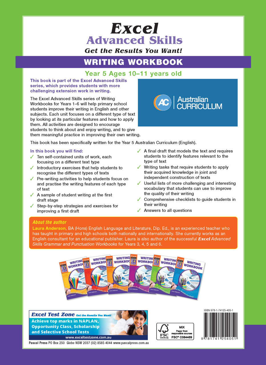 Back cover of the Excel Advanced Skills Writing Workbook Year 5 workbook as shown in the Pascal Press product gallery