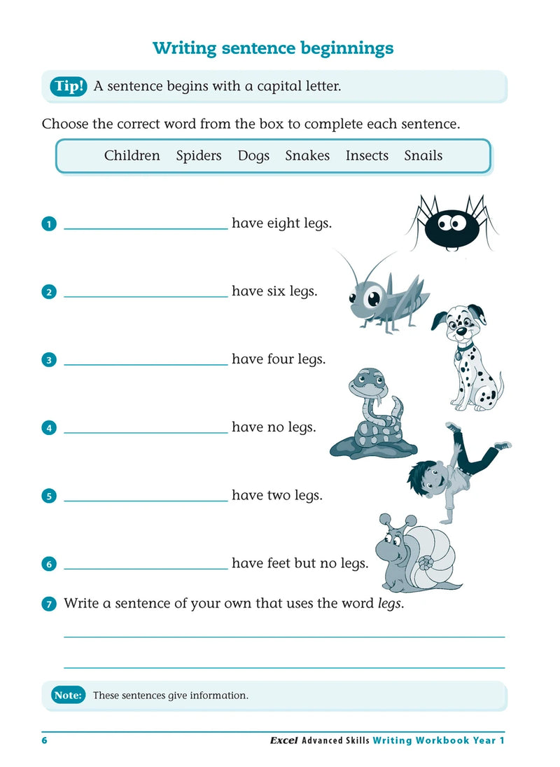 Sample interior page from the Excel Advanced Skills Writing Workbook Year 1 workbook showing the layout of the activities