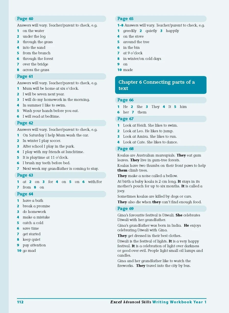 Sample interior page from the Excel Advanced Skills Writing Workbook Year 1 workbook showing the layout of the activities
