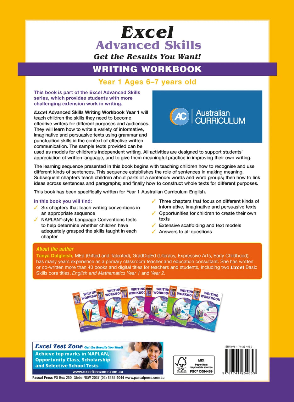 Back cover of the Excel Advanced Skills Writing Workbook Year 1 workbook as shown in the Pascal Press product gallery