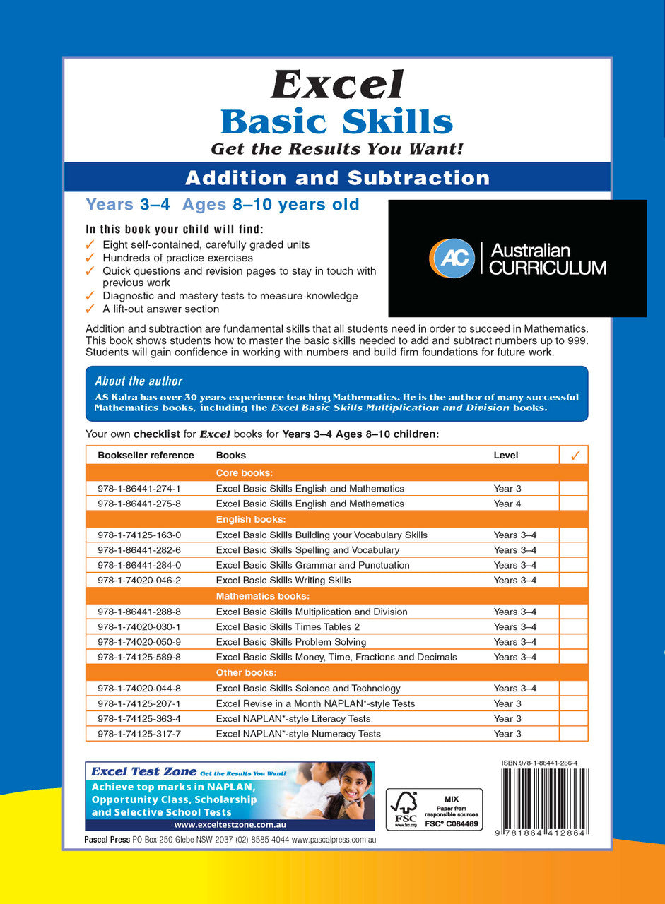 Sample interior page from the Excel Basic Skills Addition and Subtraction Years 3-4 workbook, as shown in the Pascal Press gallery