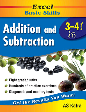 Front cover of the Excel Basic Skills Addition and Subtraction Years 3-4 workbook by Pascal Press, the main product image