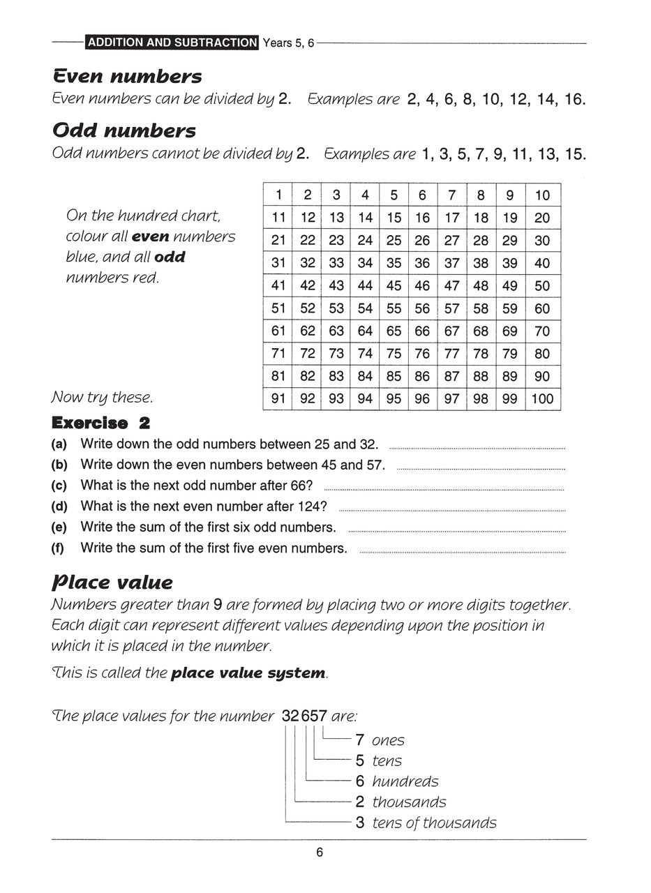 Sample interior page from the Excel Basic Skills Addition and Subtraction Years 5-6 workbook, as shown in the Pascal Press gallery