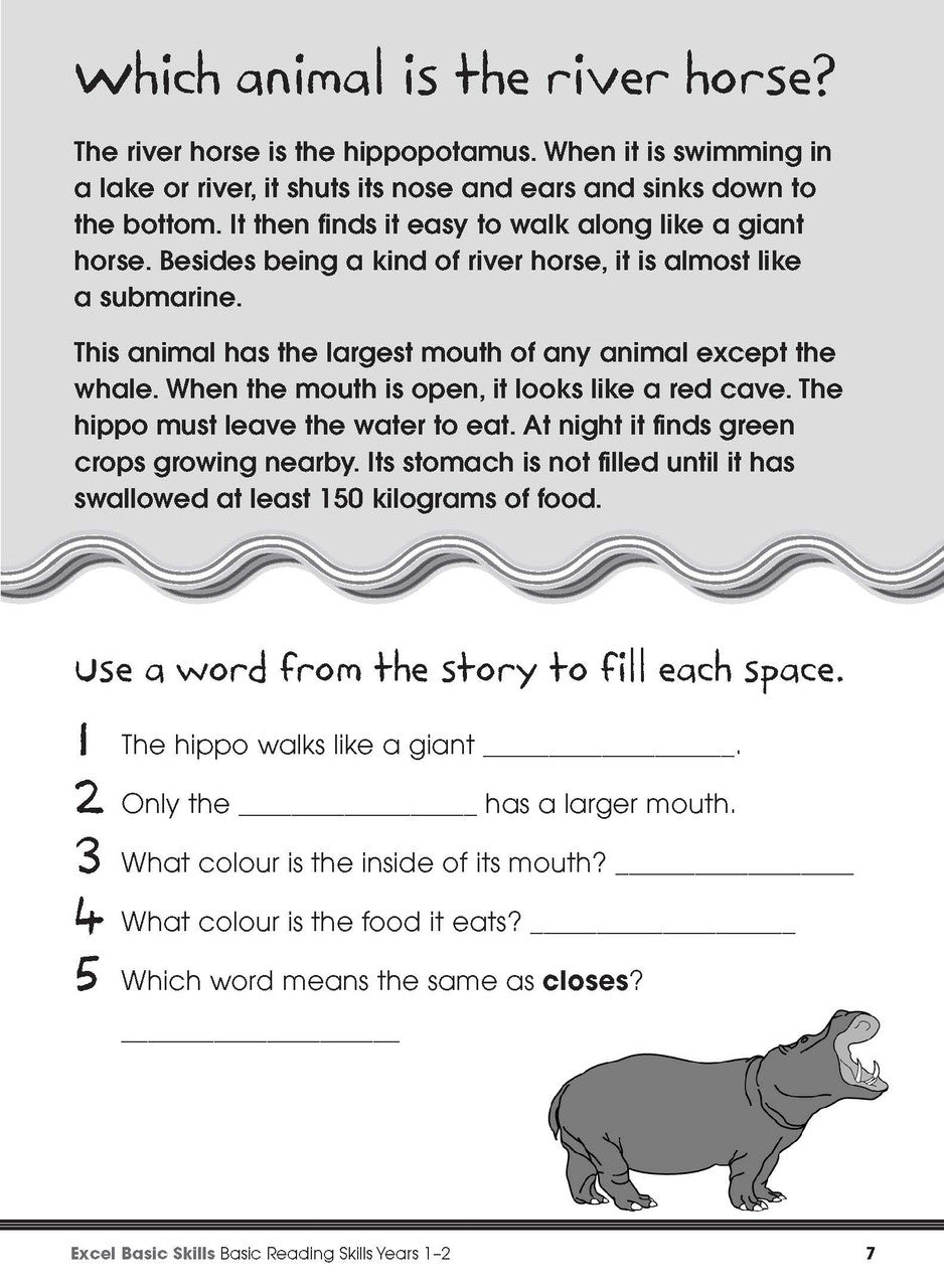 Sample interior page from the Excel Basic Skills Basic Reading Skills Years 1-2 workbook, showing example activities as displayed in the publisher gallery
