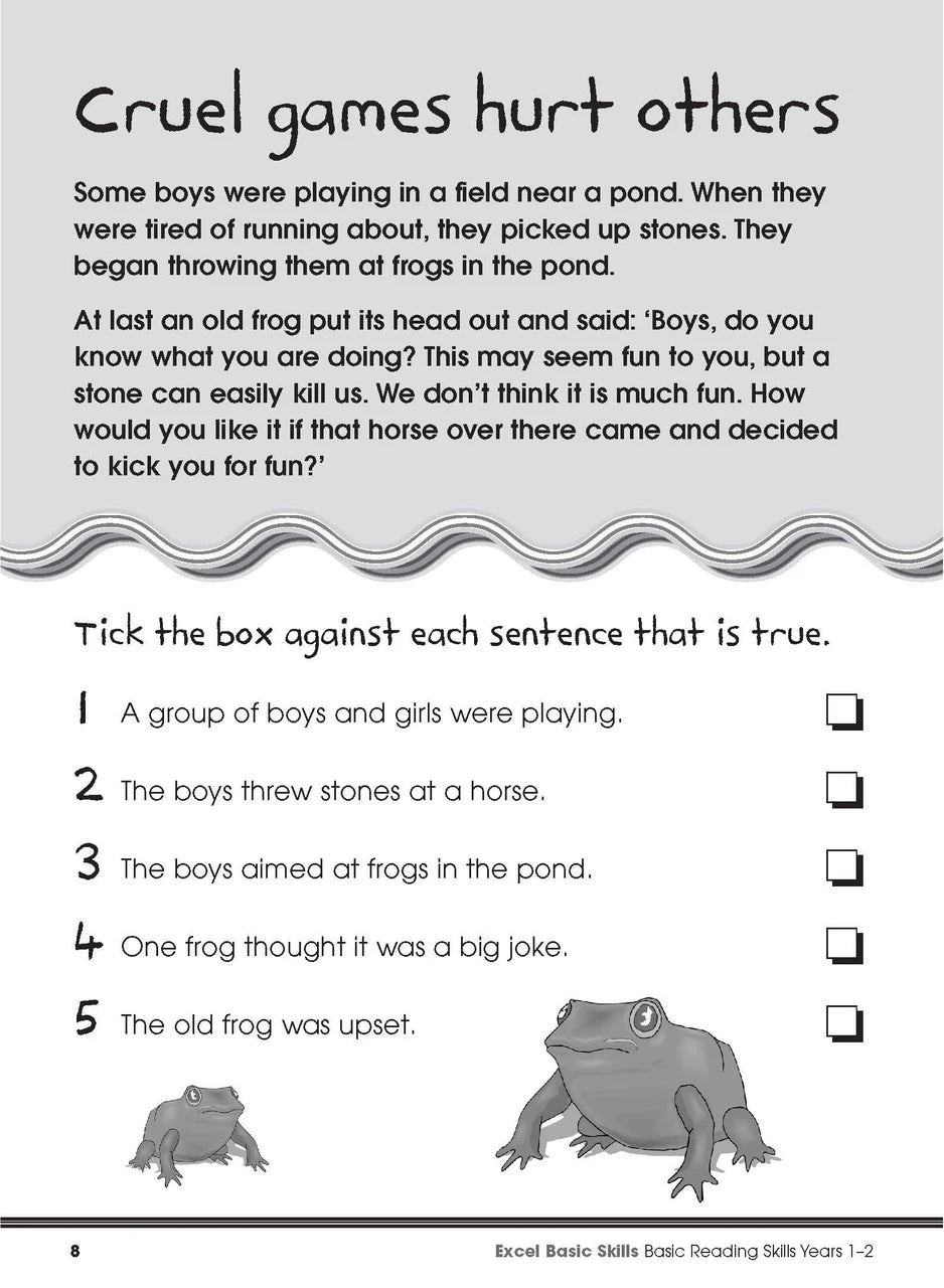 Sample interior page from the Excel Basic Skills Basic Reading Skills Years 1-2 workbook, showing example activities as displayed in the publisher gallery