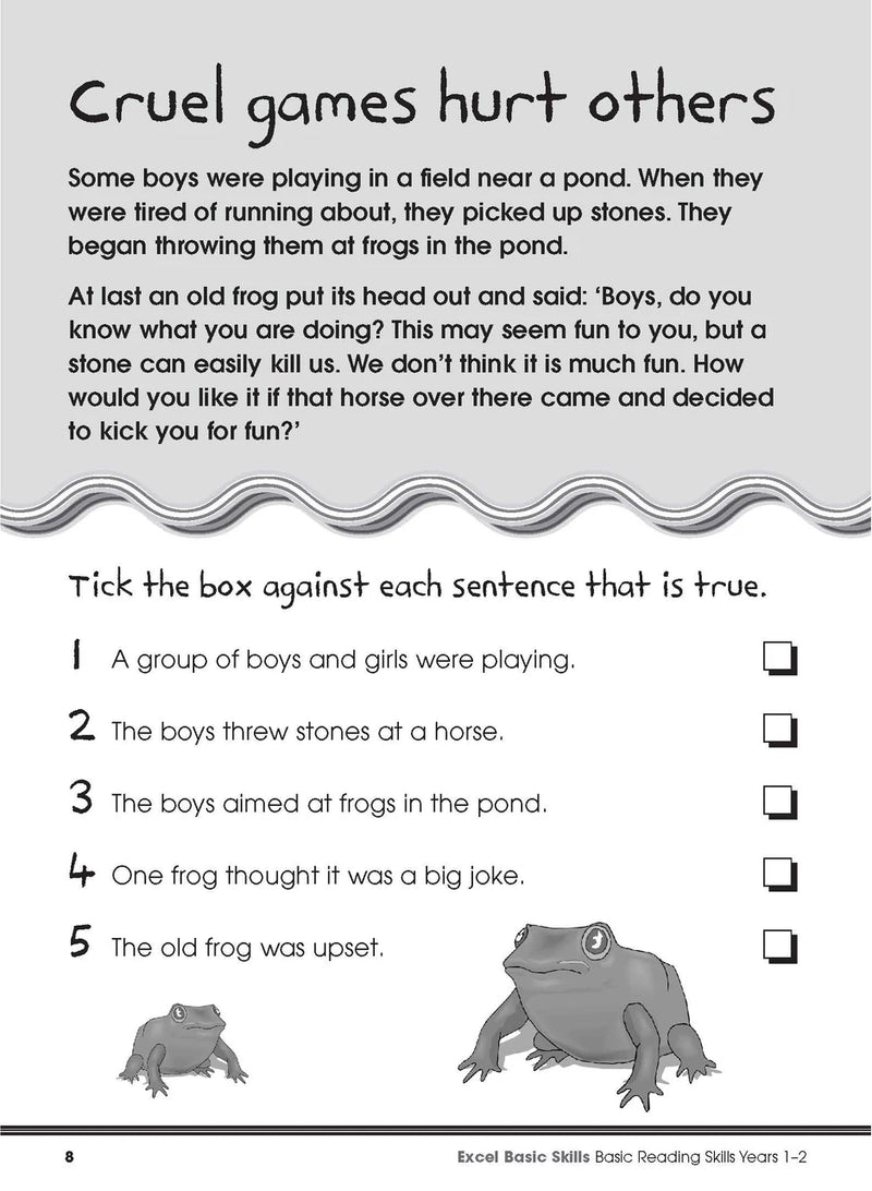 Sample interior page from the Excel Basic Skills Basic Reading Skills Years 1-2 workbook, showing example activities as displayed in the publisher gallery