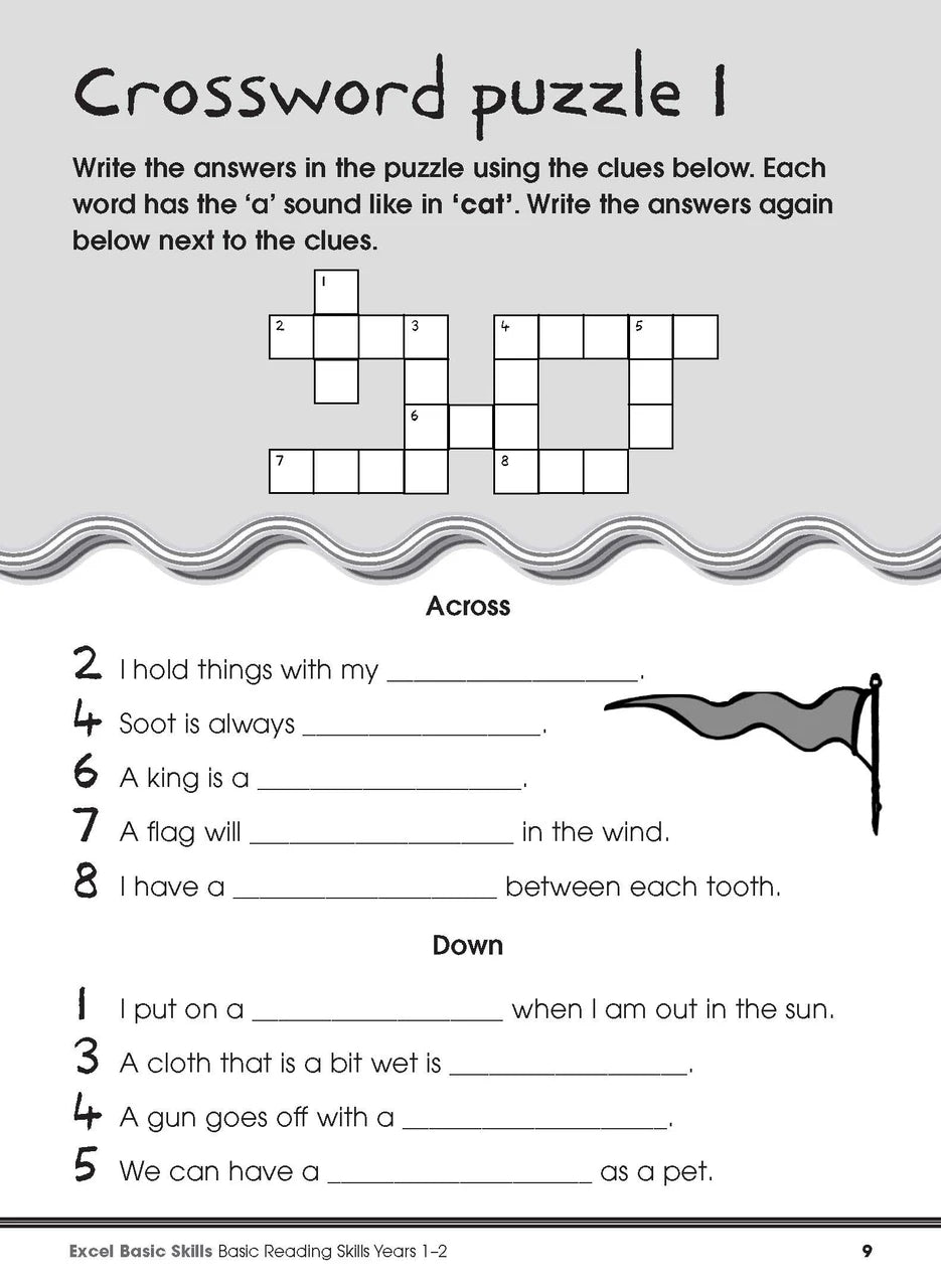 Sample interior page from the Excel Basic Skills Basic Reading Skills Years 1-2 workbook, showing example activities as displayed in the publisher gallery