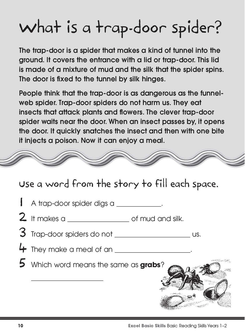 Sample interior page from the Excel Basic Skills Basic Reading Skills Years 1-2 workbook, showing example activities as displayed in the publisher gallery