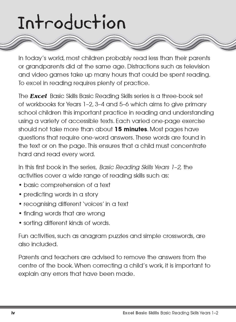 Sample interior page from the Excel Basic Skills Basic Reading Skills Years 1-2 workbook, showing example activities as displayed in the publisher gallery