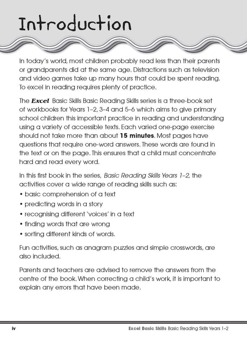 Sample interior page from the Excel Basic Skills Basic Reading Skills Years 1-2 workbook, showing example activities as displayed in the publisher gallery