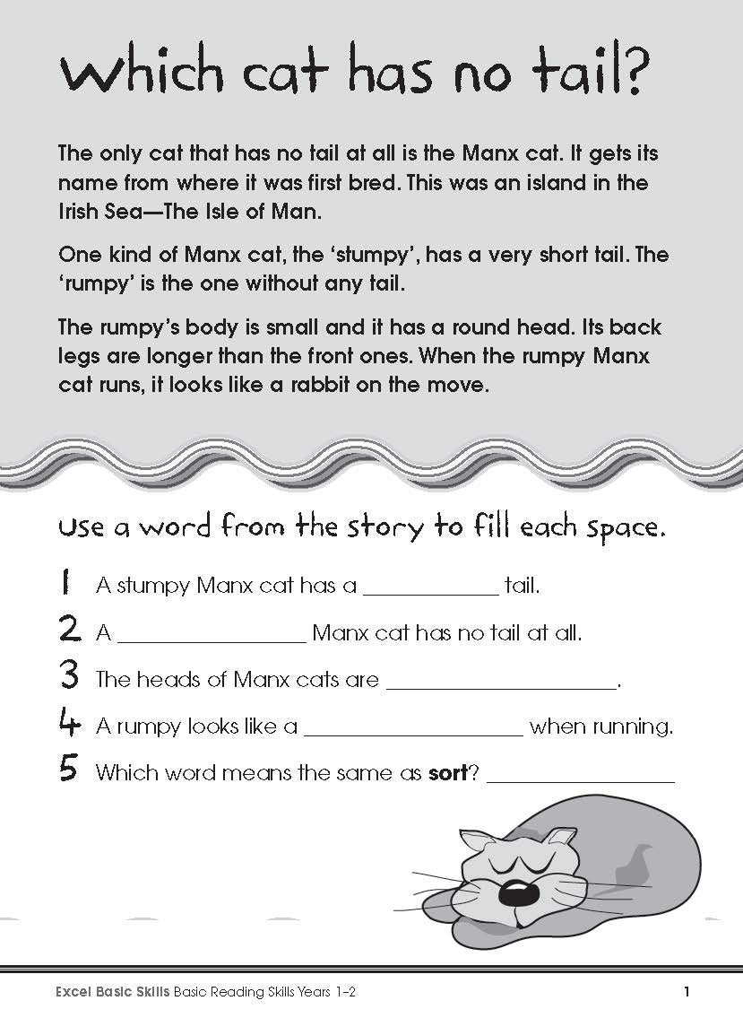 Sample interior page from the Excel Basic Skills Basic Reading Skills Years 1-2 workbook, showing example activities as displayed in the publisher gallery