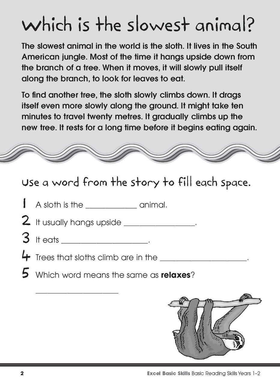 Sample interior page from the Excel Basic Skills Basic Reading Skills Years 1-2 workbook, showing example activities as displayed in the publisher gallery