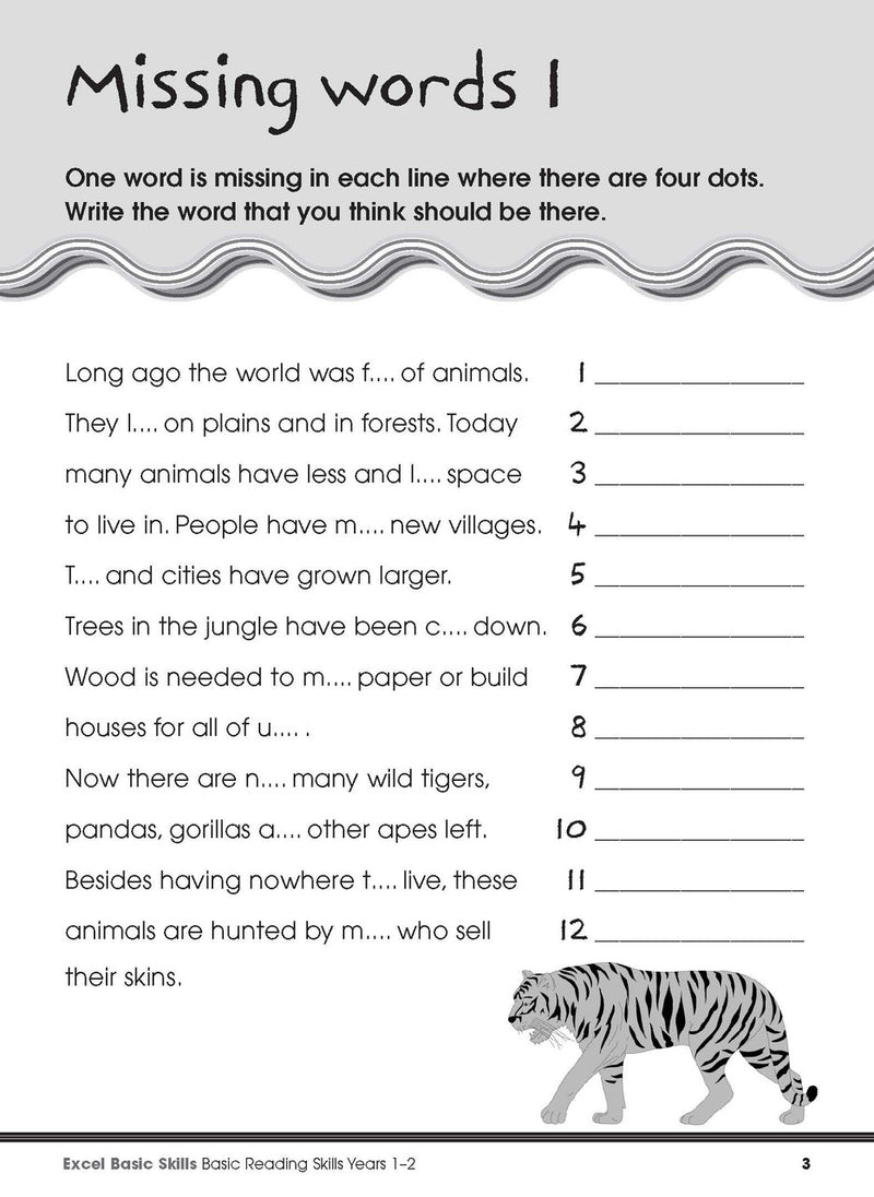 Sample interior page from the Excel Basic Skills Basic Reading Skills Years 1-2 workbook, showing example activities as displayed in the publisher gallery