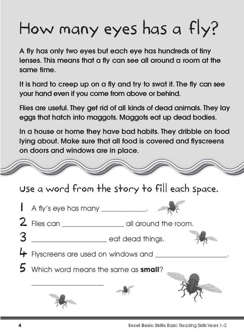 Sample interior page from the Excel Basic Skills Basic Reading Skills Years 1-2 workbook, showing example activities as displayed in the publisher gallery