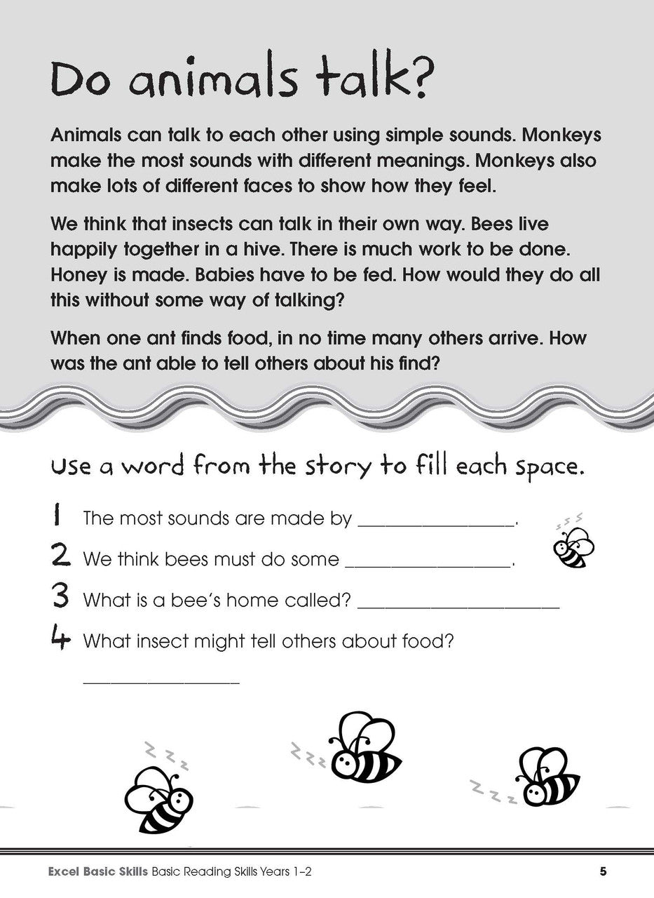 Sample interior page from the Excel Basic Skills Basic Reading Skills Years 1-2 workbook, showing example activities as displayed in the publisher gallery