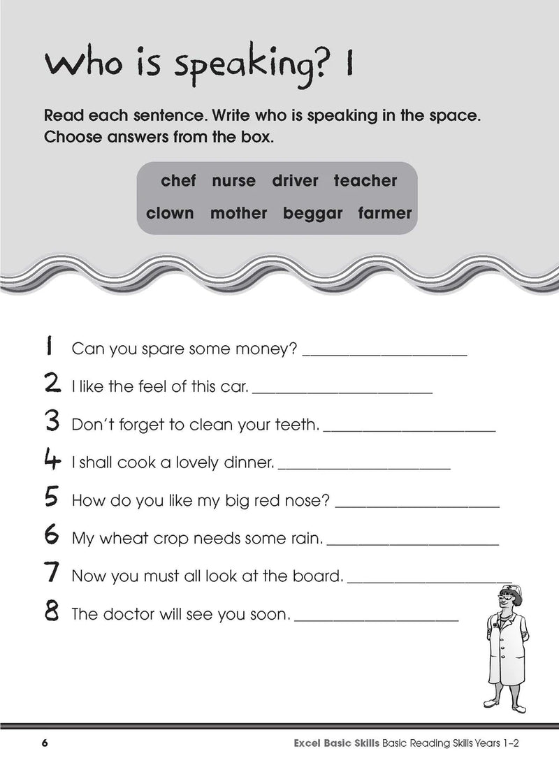 Sample interior page from the Excel Basic Skills Basic Reading Skills Years 1-2 workbook, showing example activities as displayed in the publisher gallery