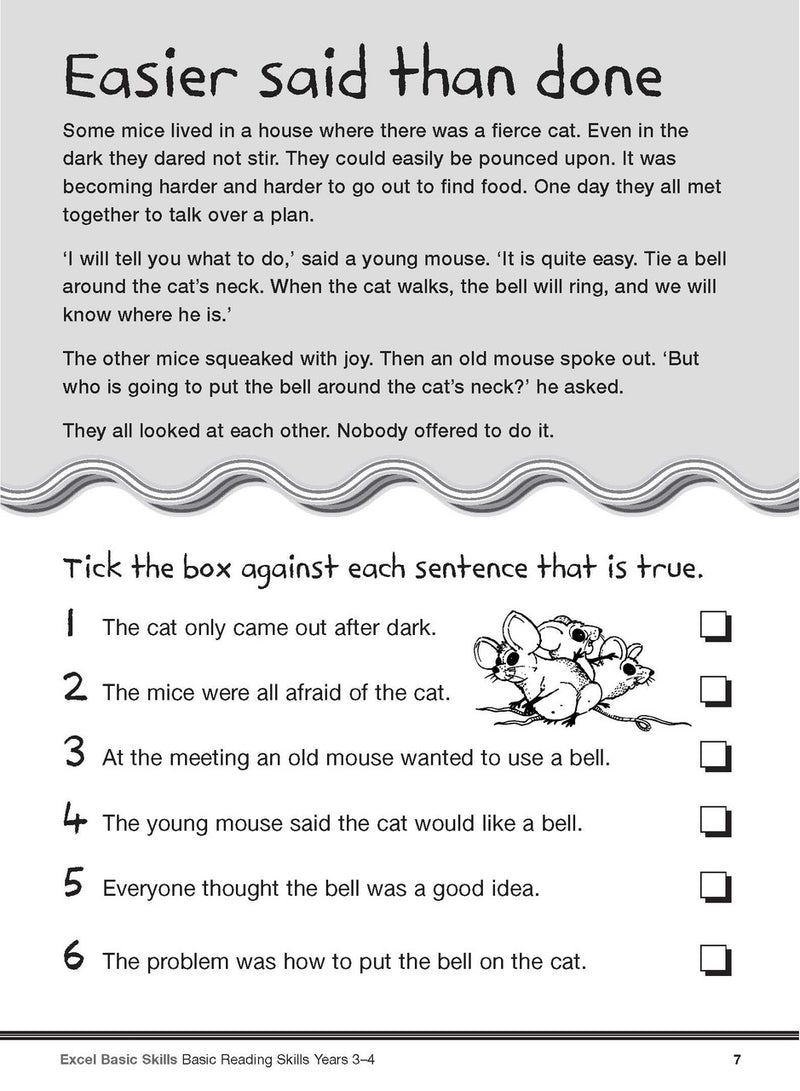 Sample interior page from the Excel Basic Skills Basic Reading Skills Years 3-4 workbook, showing example activities as displayed in the publisher gallery