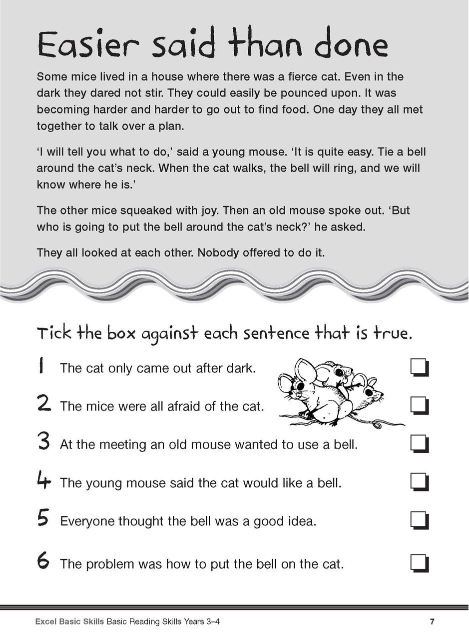 Sample interior page from the Excel Basic Skills Basic Reading Skills Years 3-4 workbook, showing example activities as displayed in the publisher gallery