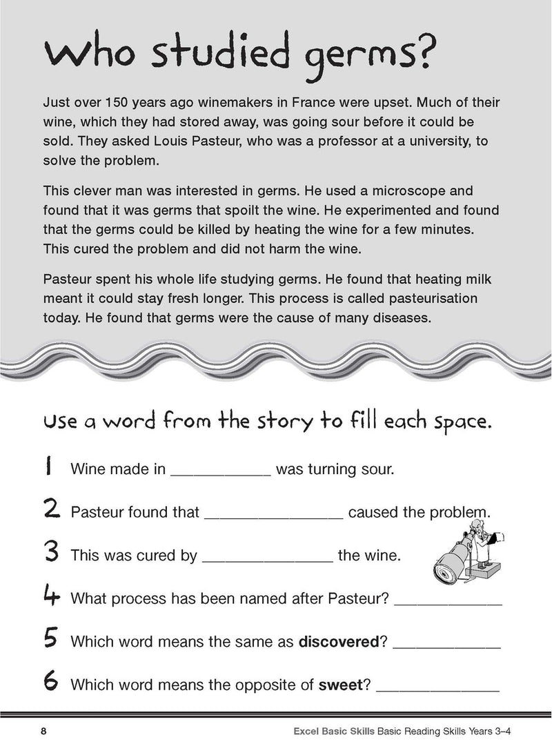 Sample interior page from the Excel Basic Skills Basic Reading Skills Years 3-4 workbook, showing example activities as displayed in the publisher gallery