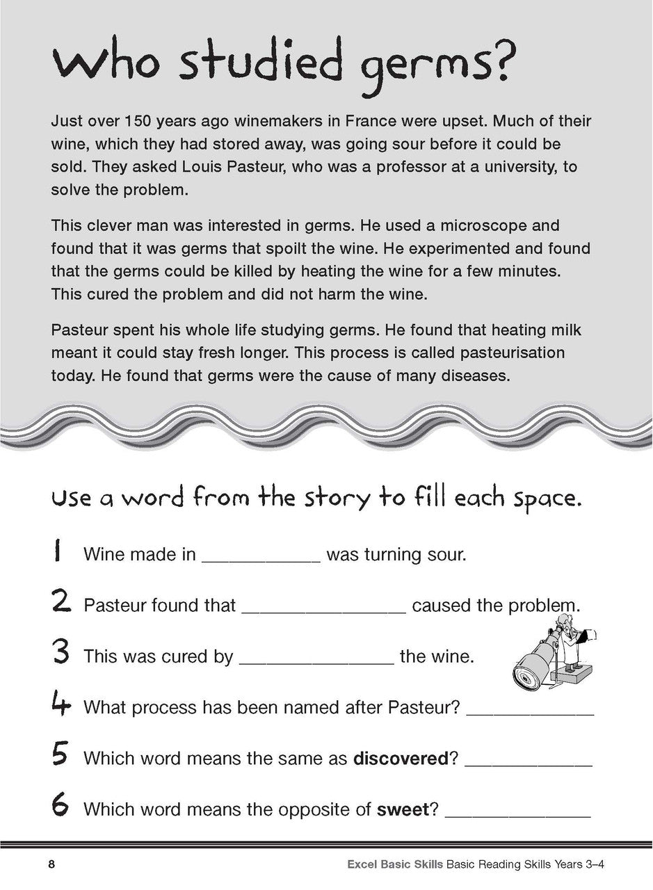 Sample interior page from the Excel Basic Skills Basic Reading Skills Years 3-4 workbook, showing example activities as displayed in the publisher gallery