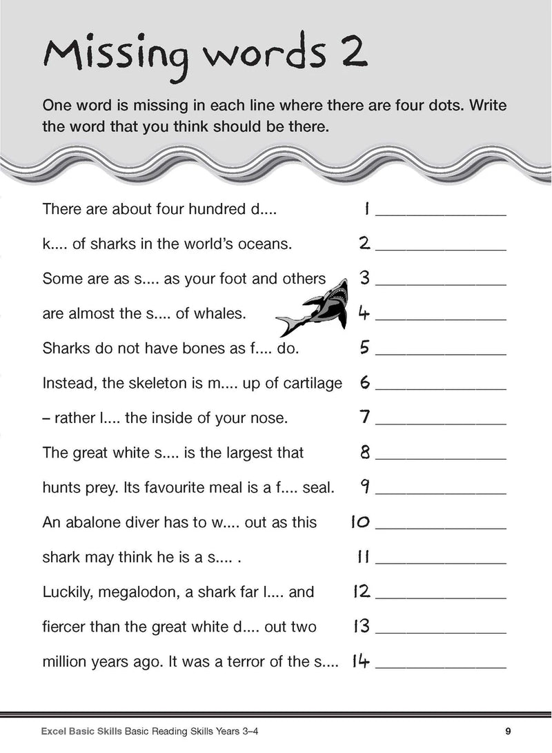 Sample interior page from the Excel Basic Skills Basic Reading Skills Years 3-4 workbook, showing example activities as displayed in the publisher gallery
