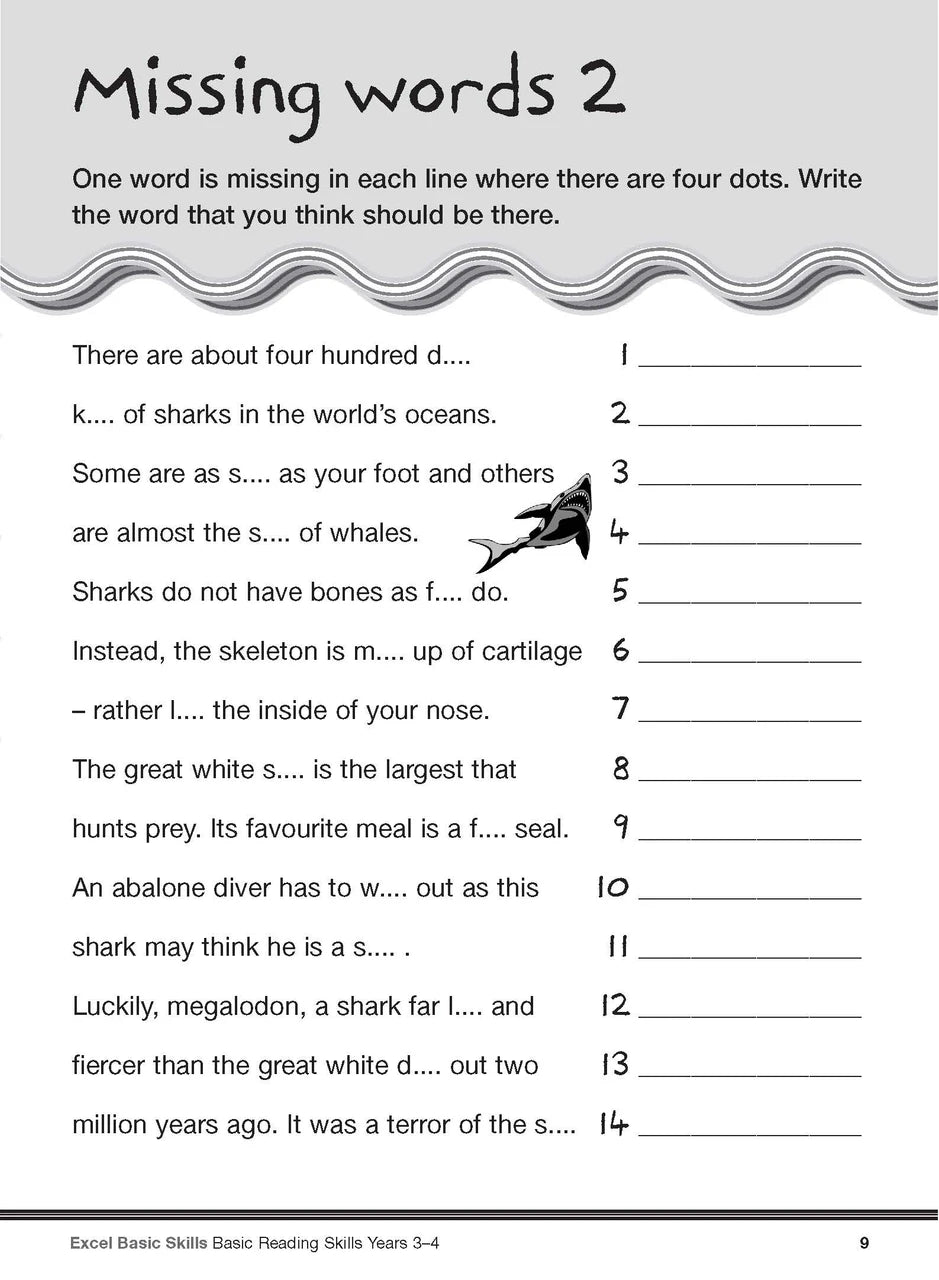 Sample interior page from the Excel Basic Skills Basic Reading Skills Years 3-4 workbook, showing example activities as displayed in the publisher gallery