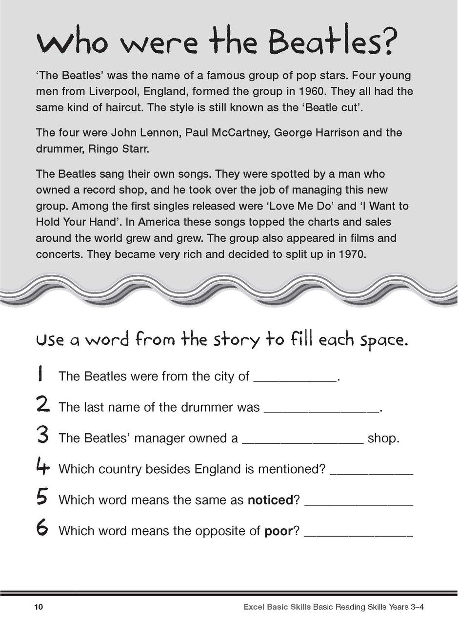 Sample interior page from the Excel Basic Skills Basic Reading Skills Years 3-4 workbook, showing example activities as displayed in the publisher gallery
