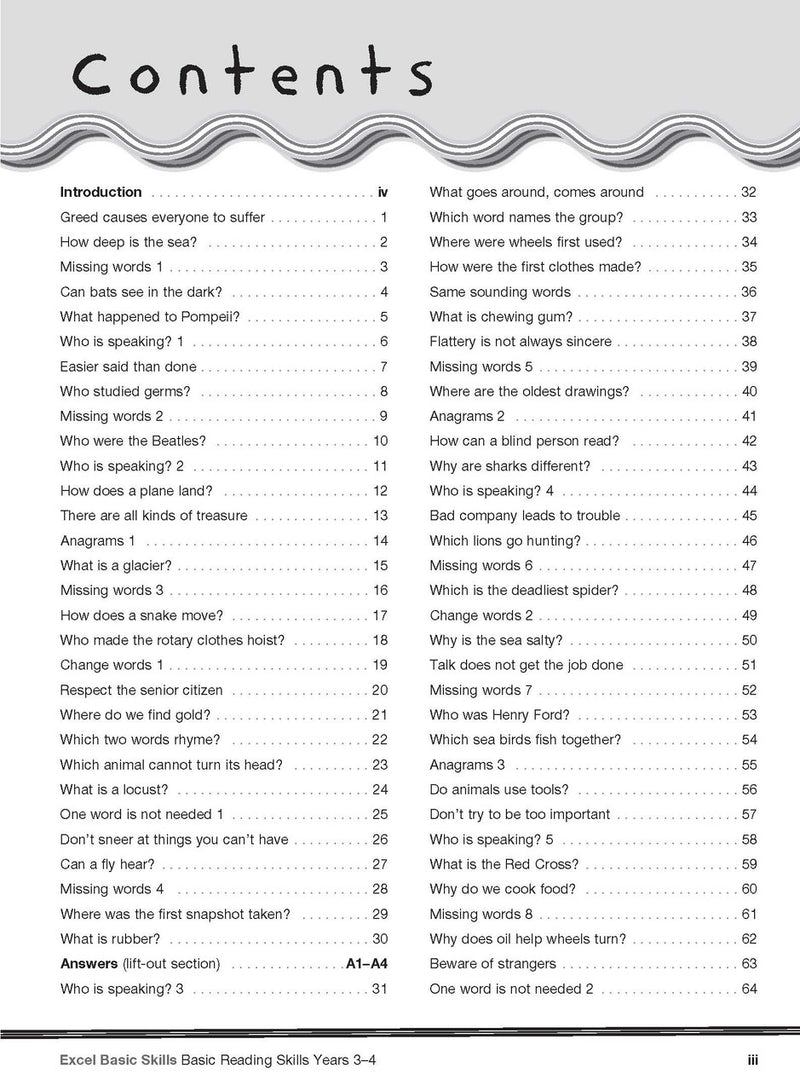 Sample interior page from the Excel Basic Skills Basic Reading Skills Years 3-4 workbook, showing example activities as displayed in the publisher gallery