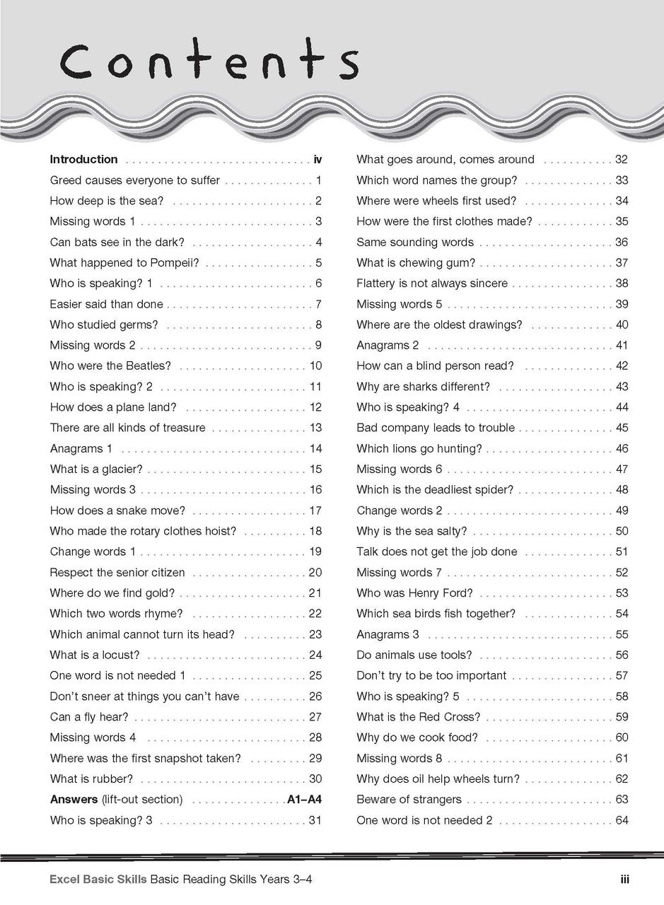 Sample interior page from the Excel Basic Skills Basic Reading Skills Years 3-4 workbook, showing example activities as displayed in the publisher gallery