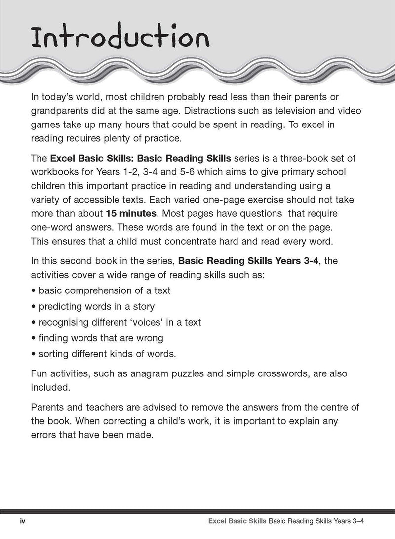Sample interior page from the Excel Basic Skills Basic Reading Skills Years 3-4 workbook, showing example activities as displayed in the publisher gallery