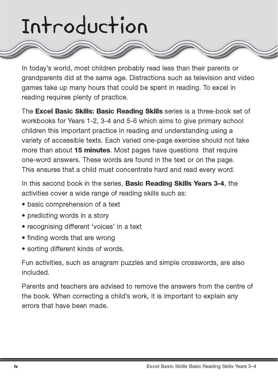 Sample interior page from the Excel Basic Skills Basic Reading Skills Years 3-4 workbook, showing example activities as displayed in the publisher gallery