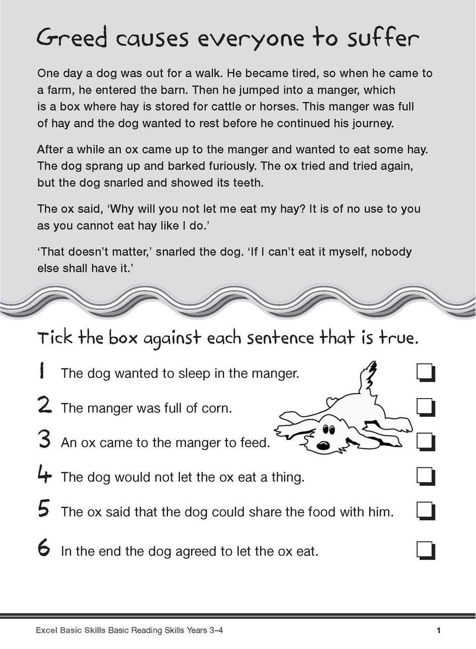 Sample interior page from the Excel Basic Skills Basic Reading Skills Years 3-4 workbook, showing example activities as displayed in the publisher gallery