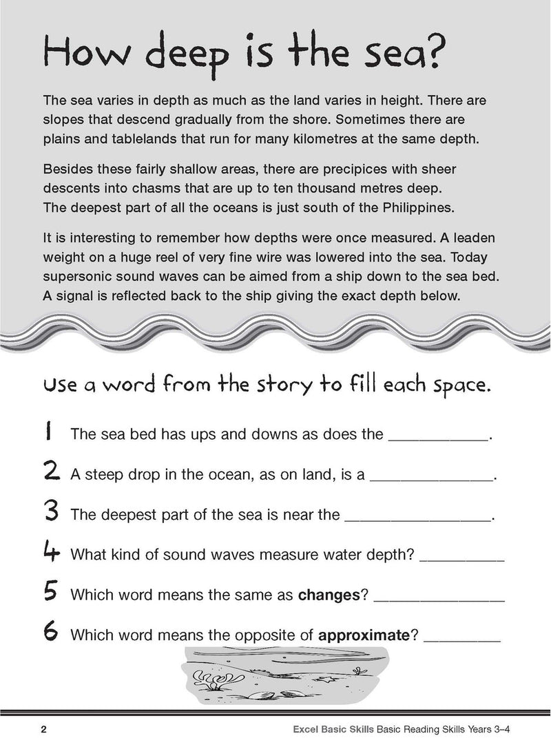 Sample interior page from the Excel Basic Skills Basic Reading Skills Years 3-4 workbook, showing example activities as displayed in the publisher gallery