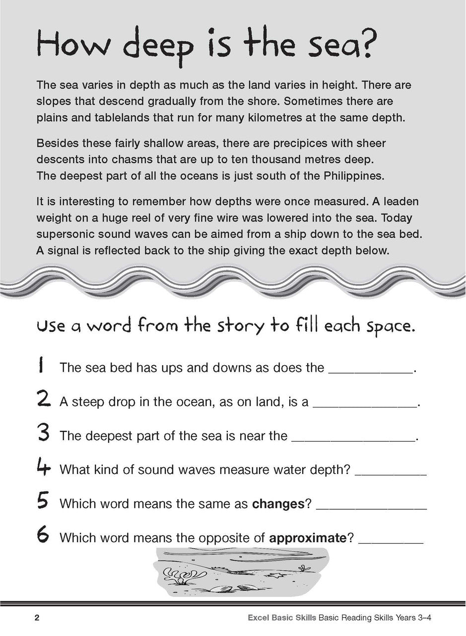 Sample interior page from the Excel Basic Skills Basic Reading Skills Years 3-4 workbook, showing example activities as displayed in the publisher gallery