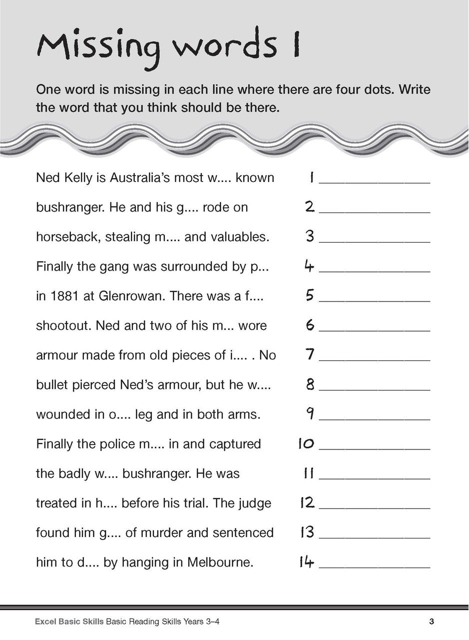 Sample interior page from the Excel Basic Skills Basic Reading Skills Years 3-4 workbook, showing example activities as displayed in the publisher gallery