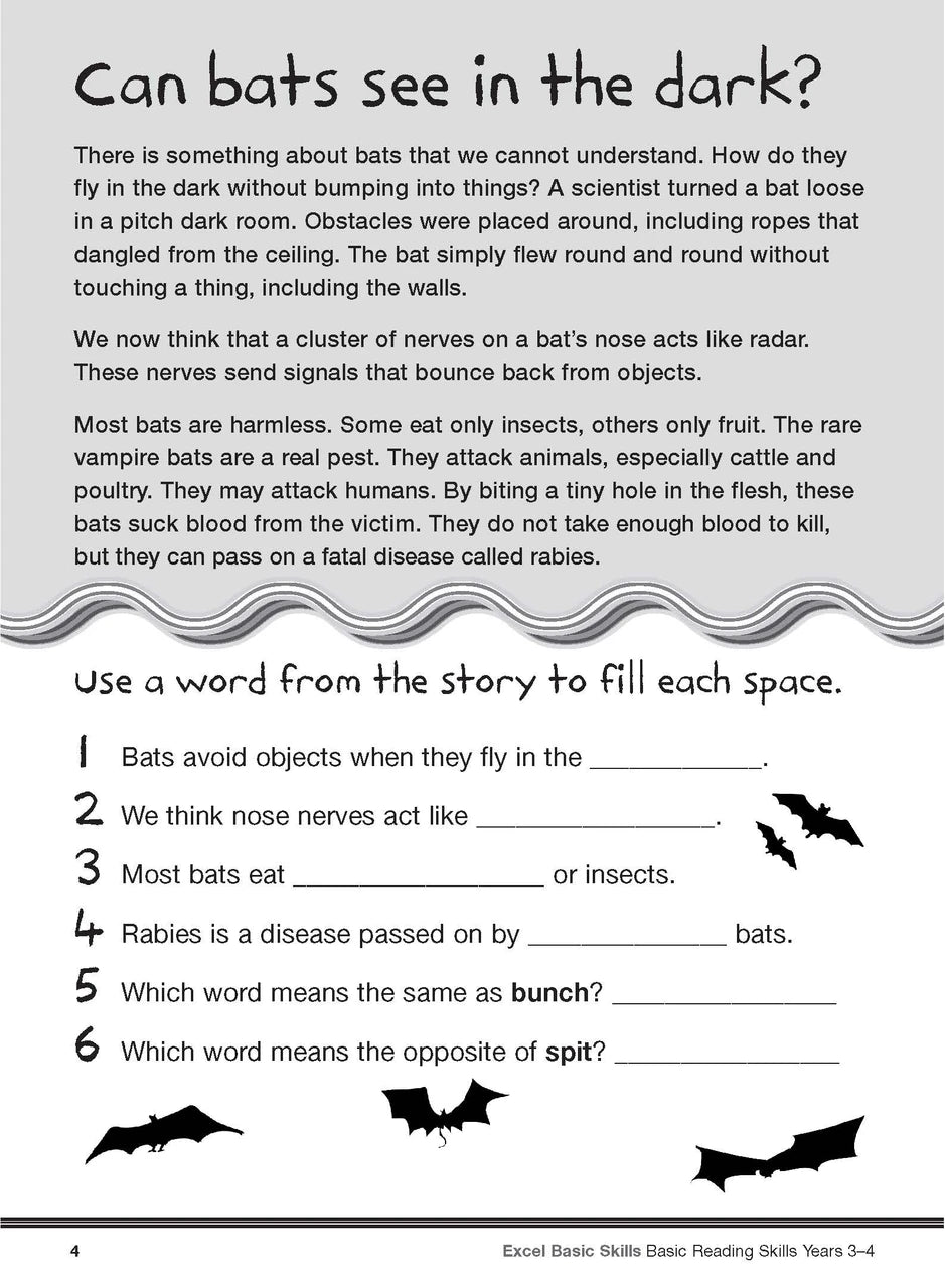 Sample interior page from the Excel Basic Skills Basic Reading Skills Years 3-4 workbook, showing example activities as displayed in the publisher gallery