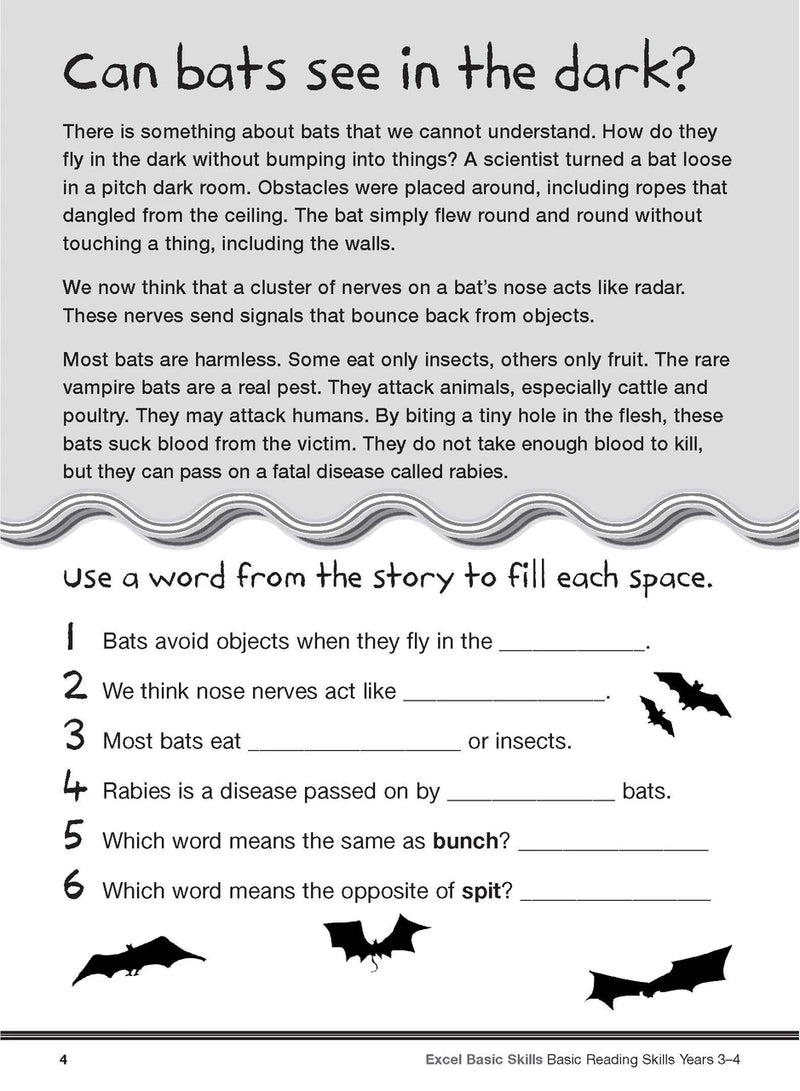 Sample interior page from the Excel Basic Skills Basic Reading Skills Years 3-4 workbook, showing example activities as displayed in the publisher gallery